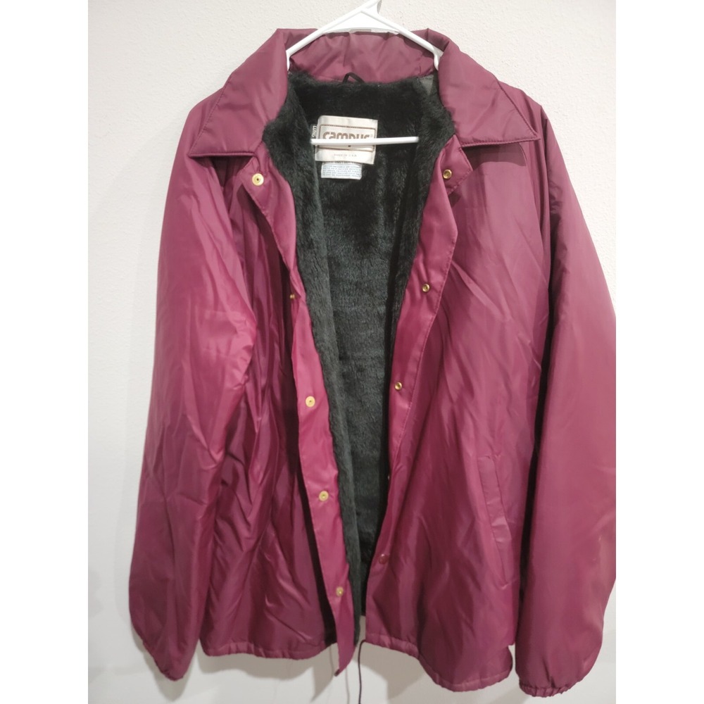 Campus All Weather Burgundy Faux Fur Lined Jacket Sz 46 Long USA Made‎ Vintage